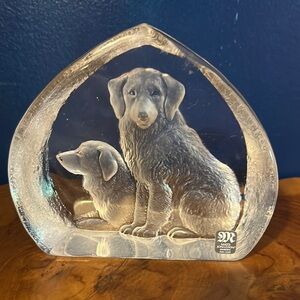 Mid Century Mats Jonasson Golden Retriever Dogs Crystal Glass Art Paperweight 5”